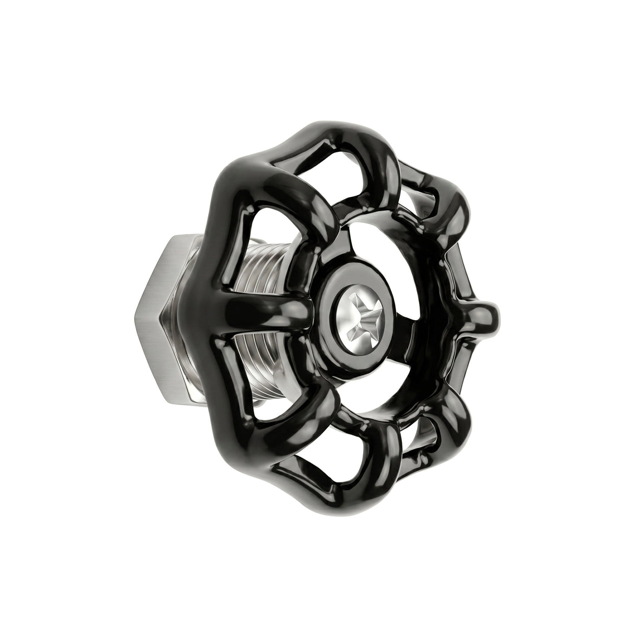 Bouton de meuble volant de vanne noir en inox, vue trois quarts