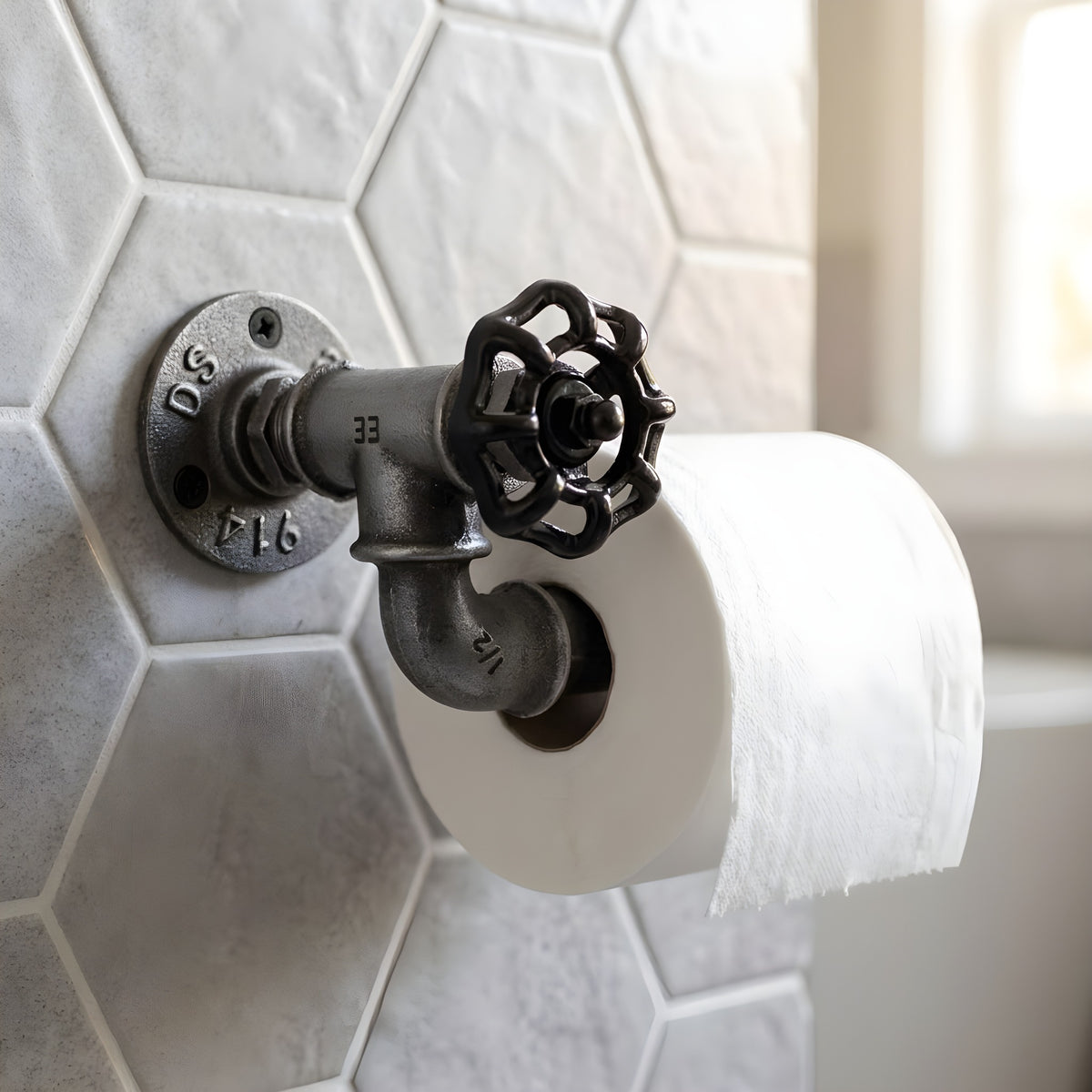 Dérouleur papier WC à volant noir en fonte fixé sur un mur carrelé, avec un rouleau de papier toilette