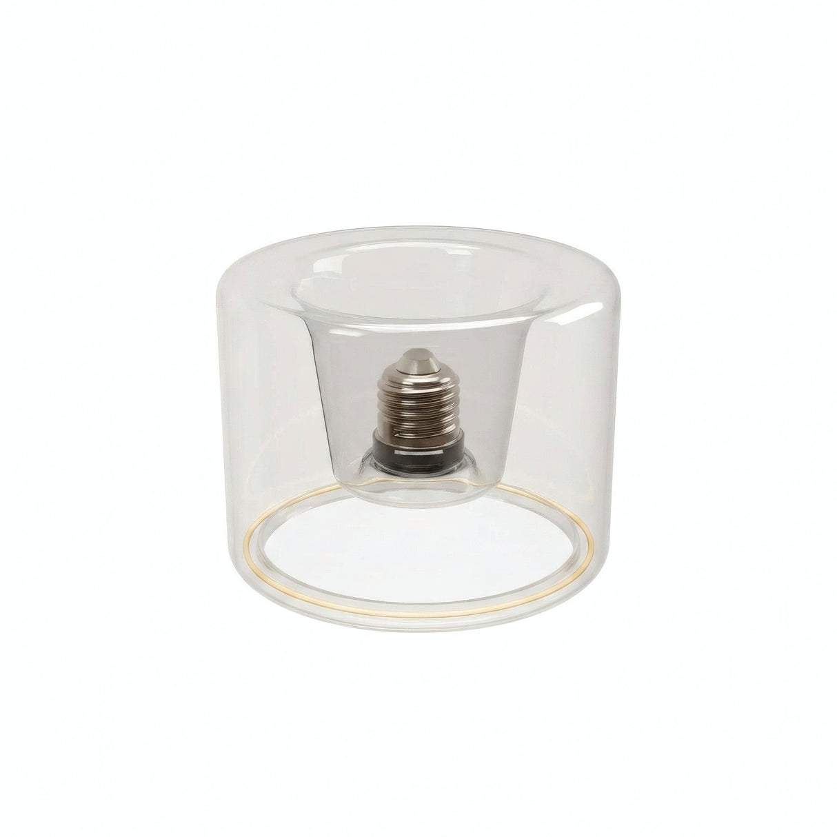 Ampoule LED donut E27 en verre transparent Ø 120 mm, vue de trois quarts, fond blanc