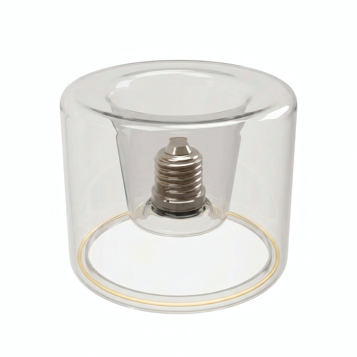 Ampoule LED donut E27 en verre transparent Ø 120 mm, vue en légère plongée, fond blanc
