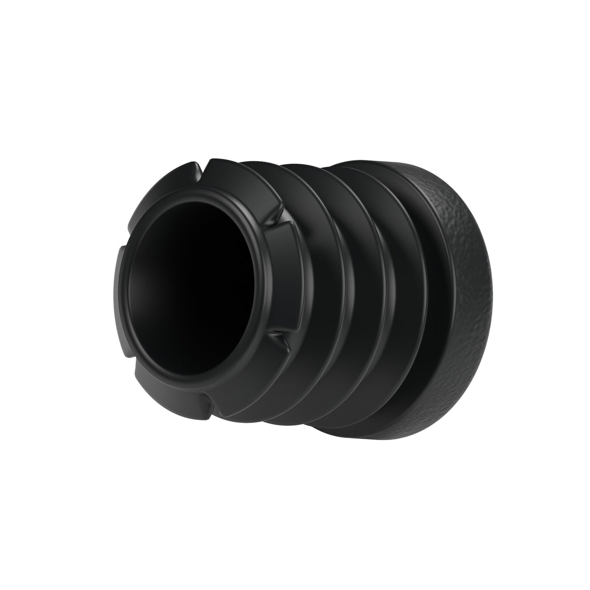 Insert plastique noir pour raccord femelle 1/2″ 15x21, vue de dessous : corps creux et ailettes
