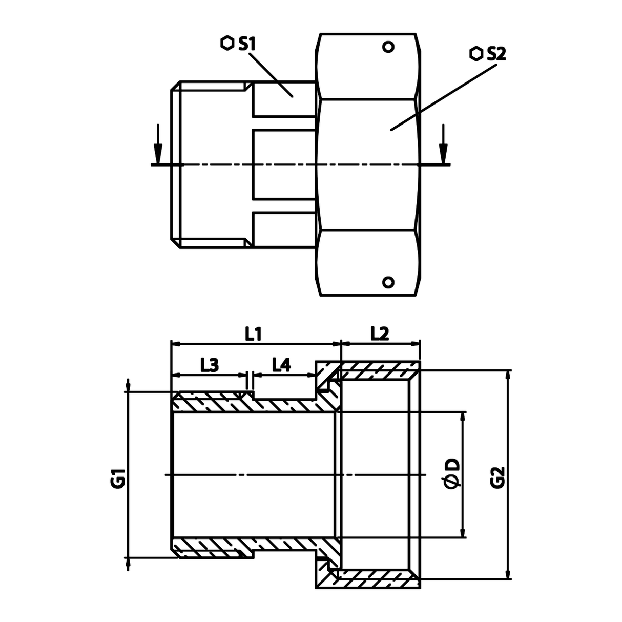 Dessin technique coté : Demi-raccord union compteur, filetage G laiton (réf. 2308)