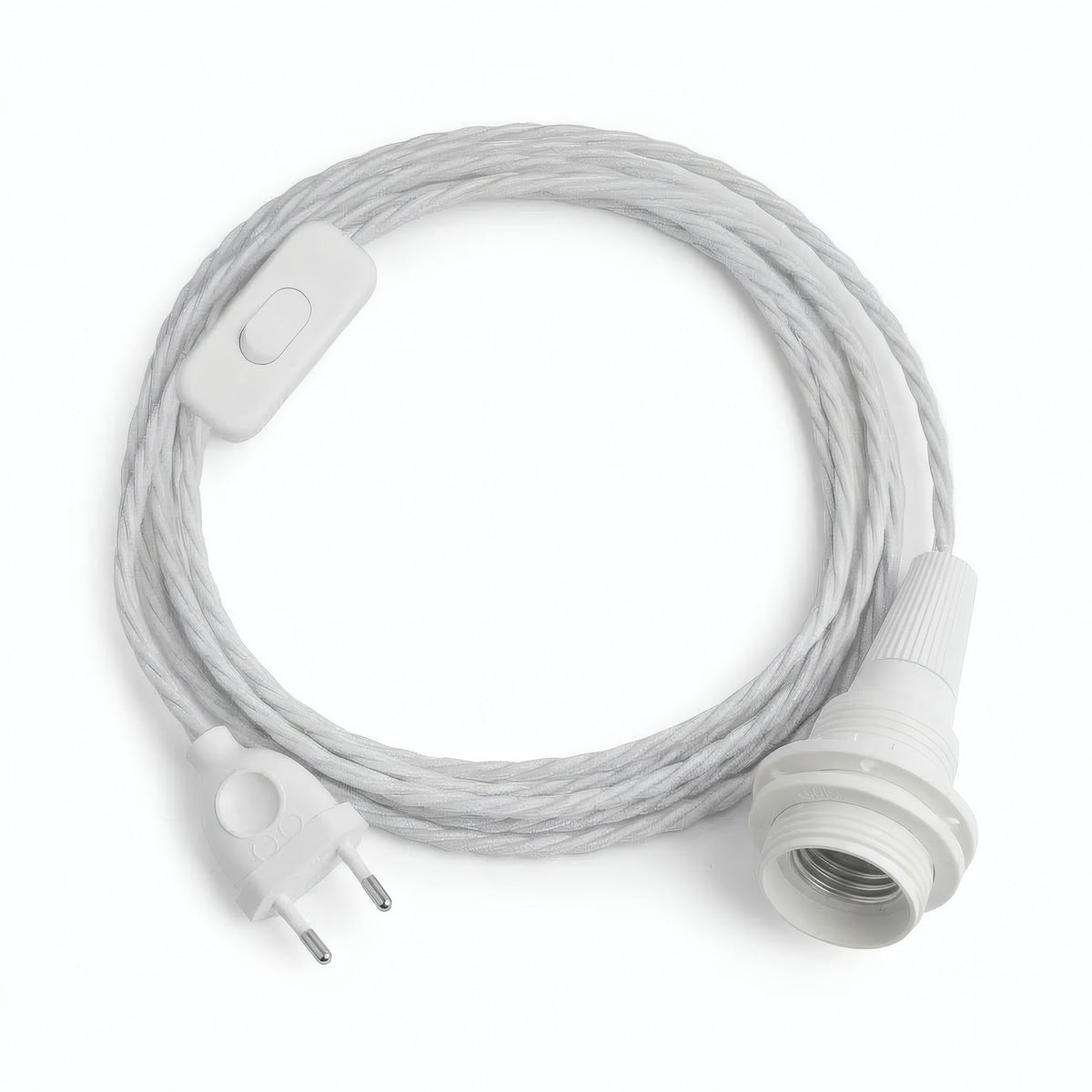 Lampe baladeuse câble textile torsadé, coton blanc optique, douille E14 avec bagues pour abat-jour