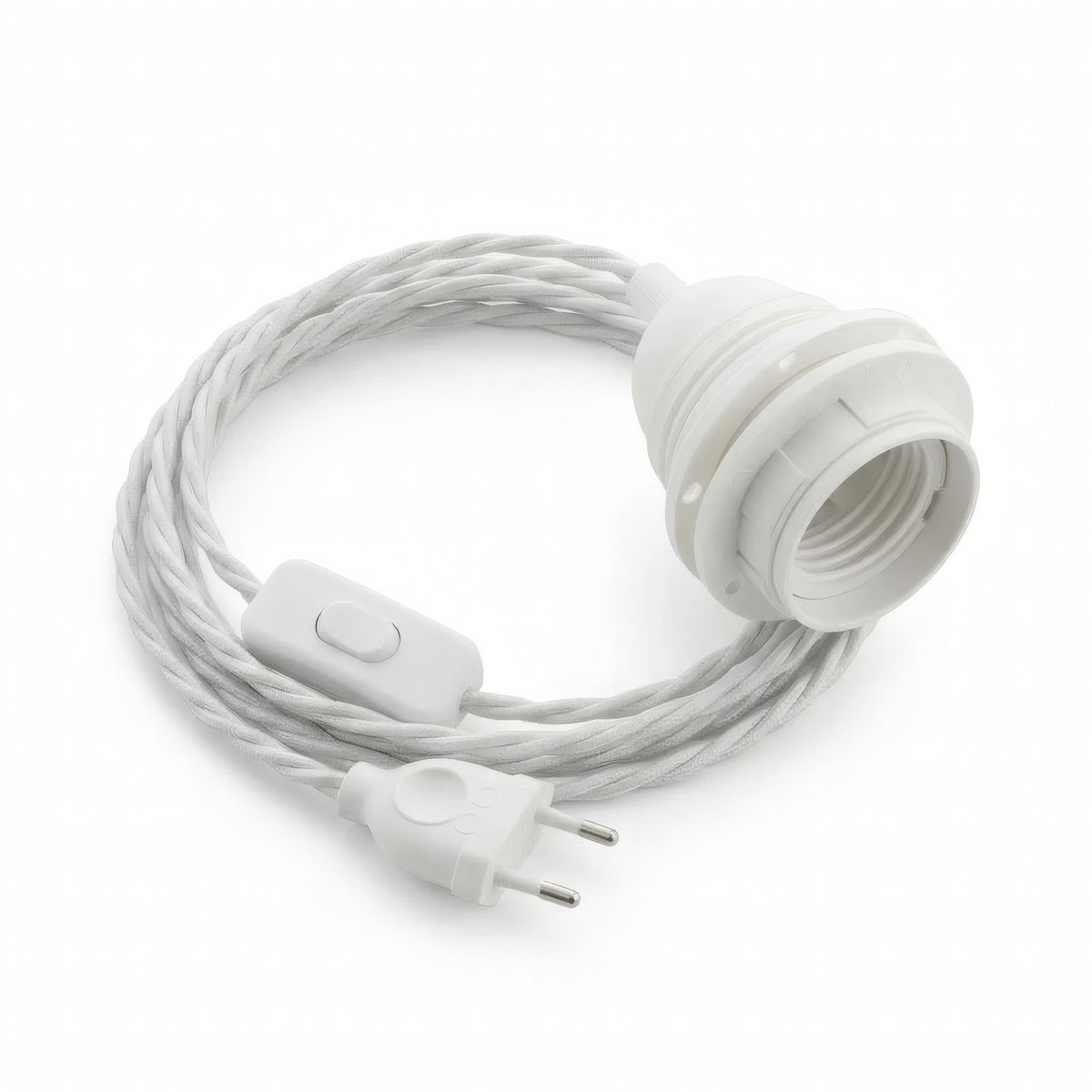 Lampe baladeuse câble textile torsadé, coton blanc optique, douille E27 avec bagues pour abat-jour