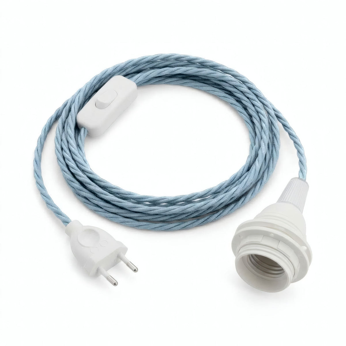 Lampe baladeuse câble textile torsadé, coton bleu océan, douille E27 avec bagues pour abat-jour