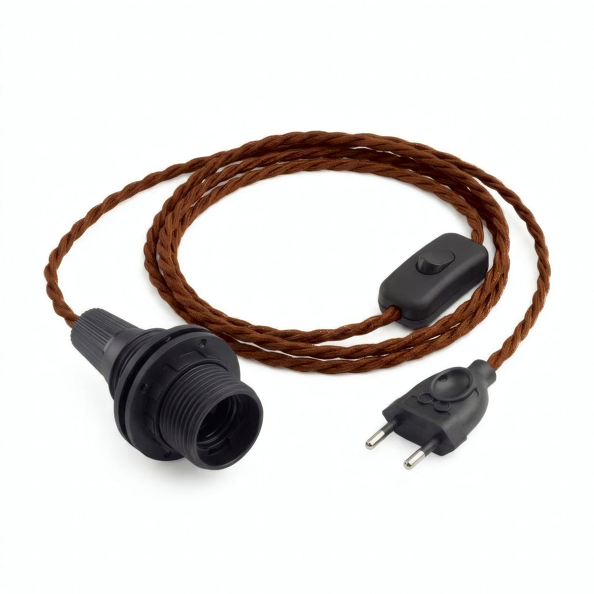 Lampe baladeuse câble textile torsadé, coton marron cannelle, douille E14 avec bagues pour abat-jour