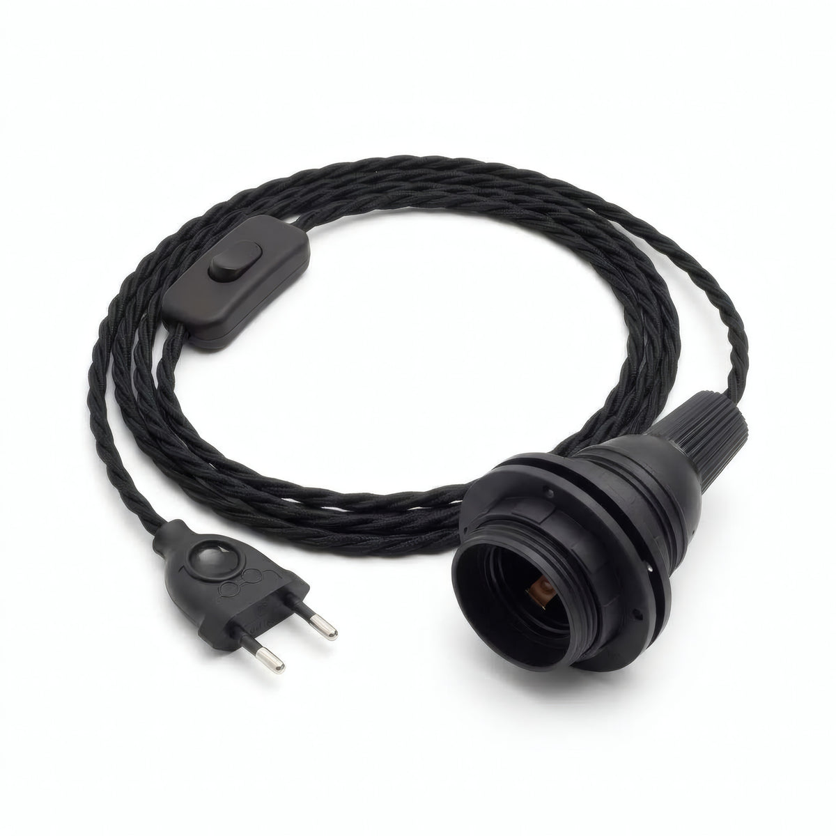 Lampe baladeuse câble textile torsadé, coton noir charbon, douille E27 avec bagues pour abat-jour