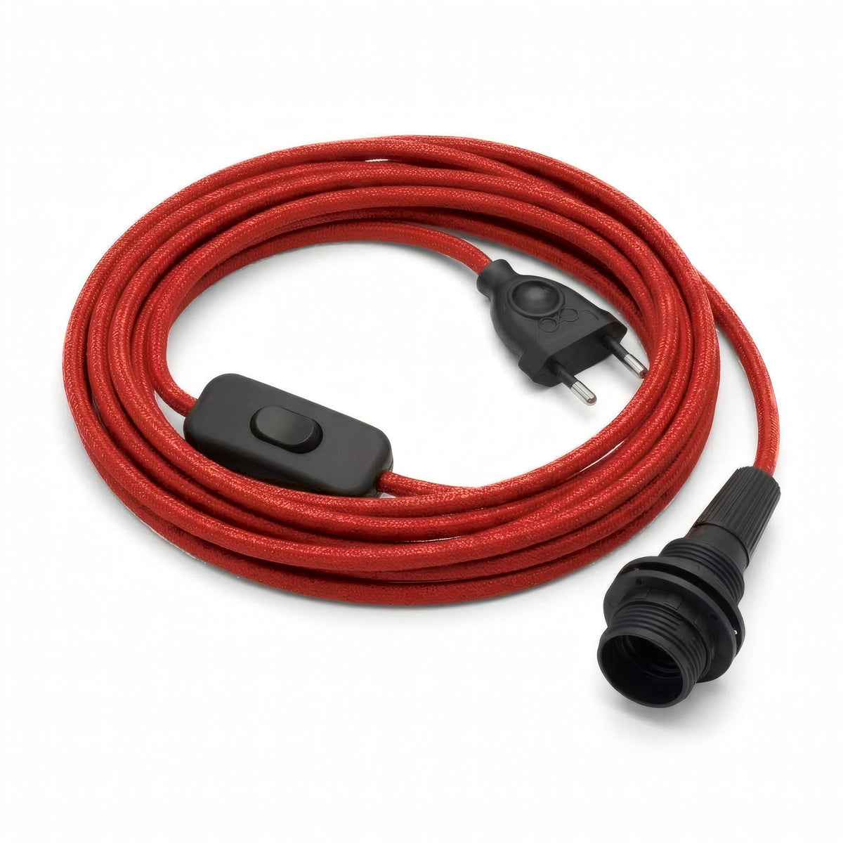 Lampe baladeuse câble textile uni, coton rouge feu, douille E14 avec bagues pour abat-jour