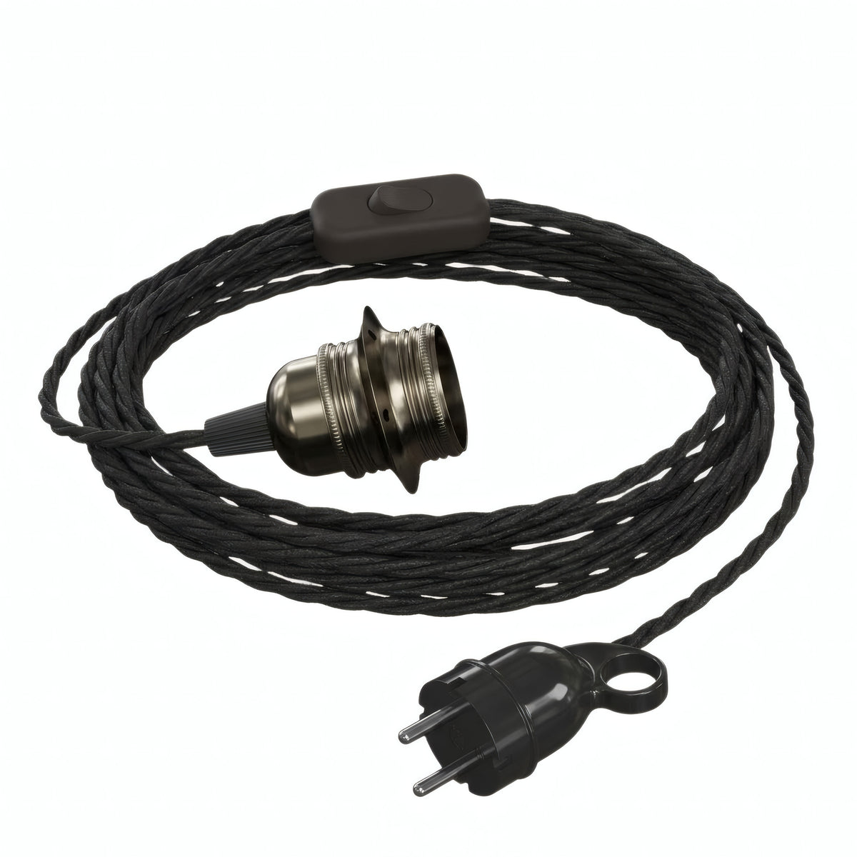Lampe baladeuse câble textile torsadé, douille métal perle noire, prise Schuko, autre vue