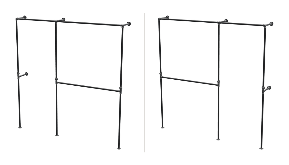 Penderie ouverte 2 baies en tuyaux noirs : montage standard avec la baie simple à gauche, et montage symétrique inversé avec la baie simple à droite — mêmes pièces, seul l'ordre d'assemblage change