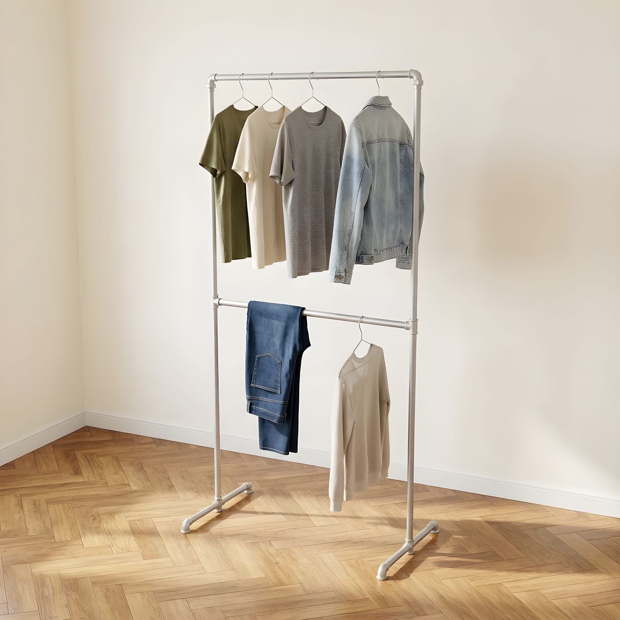 Portant à vêtements autoportant double barre en tuyaux galvanisés dans une pièce lumineuse, chemises et t-shirts sur cintres en bois, parquet
