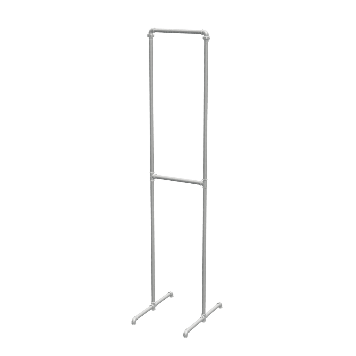 Portant à vêtements autoportant double niveau en tuyaux de plomberie galvanisés Ø 27 mm — largeur 40 cm, hauteur 216 cm, vue de trois quarts sur fond blanc