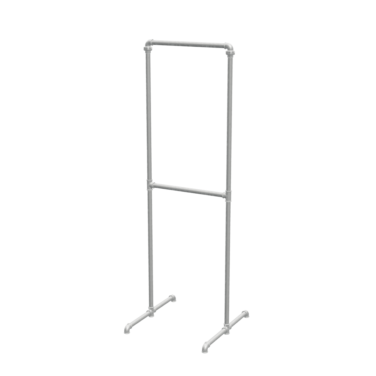 Portant à vêtements autoportant double niveau en tuyaux de plomberie galvanisés Ø 27 mm — largeur 50 cm, hauteur 176 cm, vue de trois quarts sur fond blanc