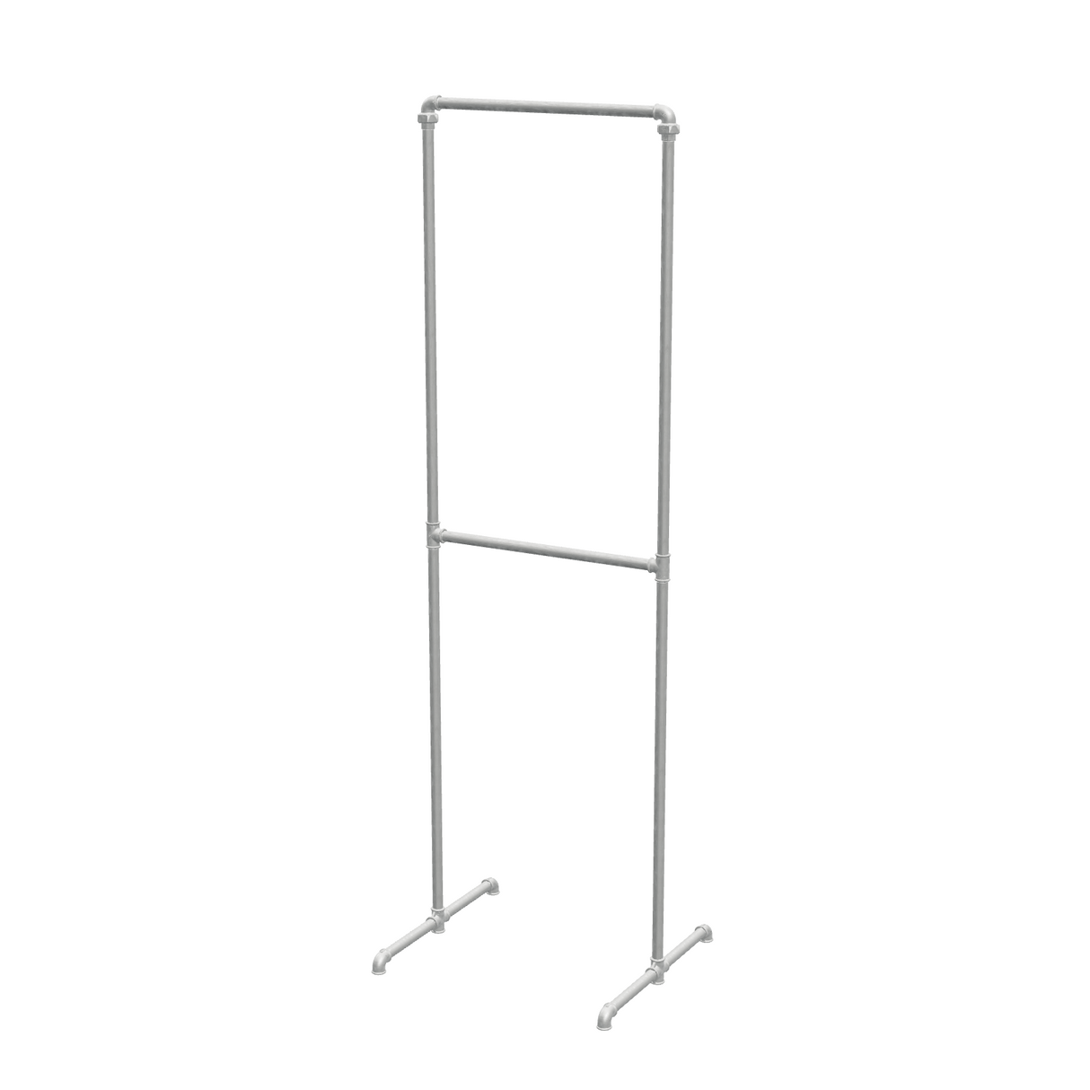 Portant à vêtements autoportant double niveau en tuyaux de plomberie galvanisés Ø 27 mm — largeur 60 cm, hauteur 216 cm, vue de trois quarts sur fond blanc