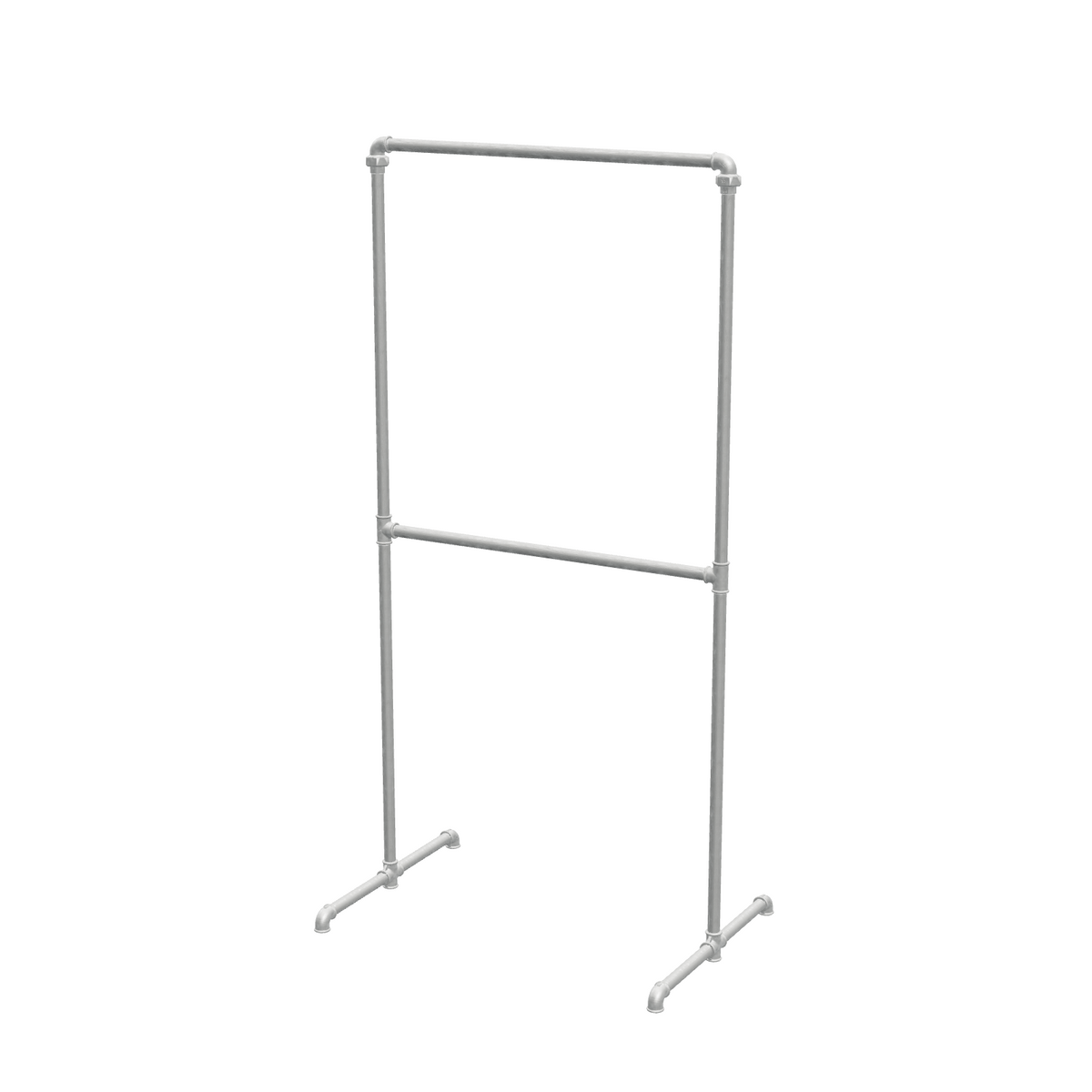 Portant à vêtements autoportant double niveau en tuyaux de plomberie galvanisés Ø 27 mm — largeur 80 cm, hauteur 176 cm, vue de trois quarts sur fond blanc