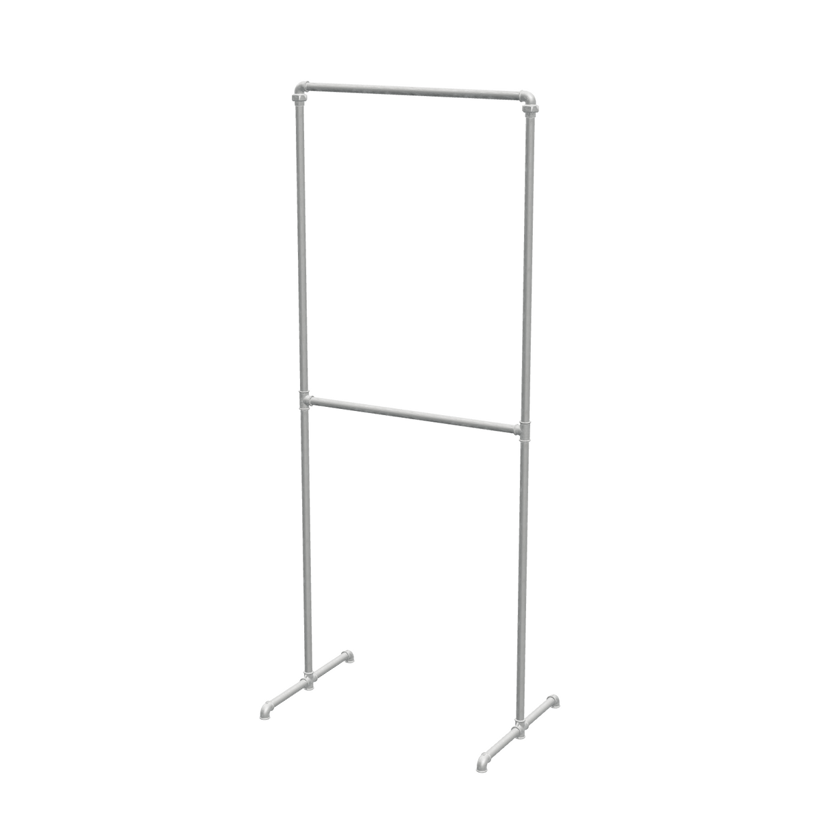 Portant à vêtements autoportant double niveau en tuyaux de plomberie galvanisés Ø 27 mm — largeur 80 cm, hauteur 216 cm, vue de trois quarts sur fond blanc