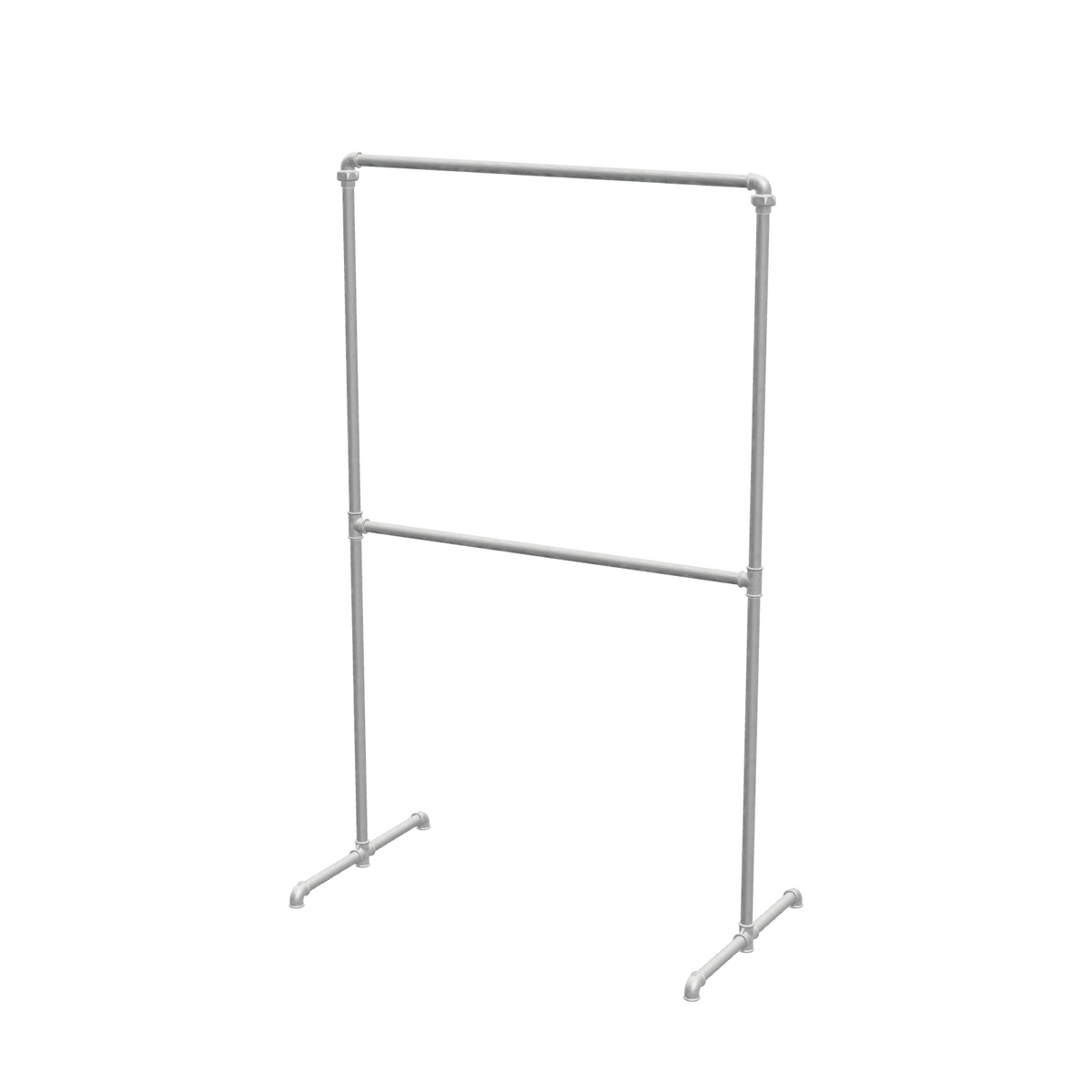 Portant à vêtements autoportant double niveau en tuyaux de plomberie galvanisés Ø 27 mm — largeur 100 cm, hauteur 176 cm, vue de trois quarts sur fond blanc