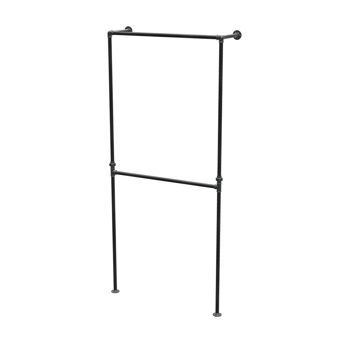 Portant de penderie sol-mur à deux barres en tuyaux de plomberie noirs Ø 27 mm — largeur 90 cm, vue de trois quarts sur fond blanc
