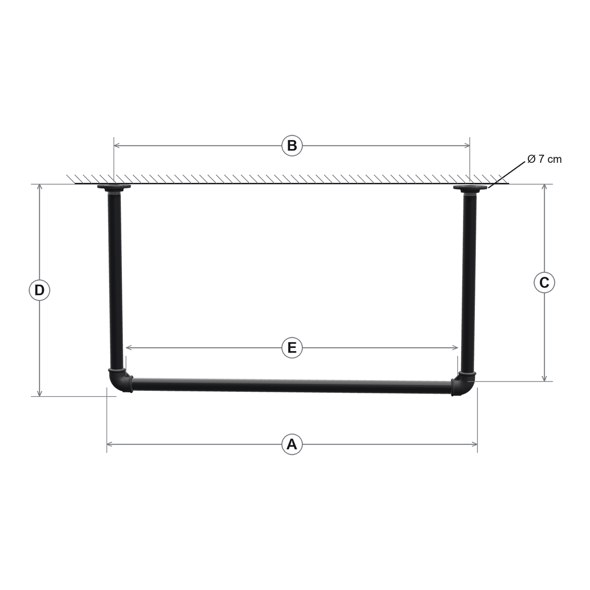 Schéma coté du portant plafond : largeur hors tout A, entraxe des brides B, axe de la tringle C, hauteur sous plafond D, tringle libre E, brides Ø 7 cm