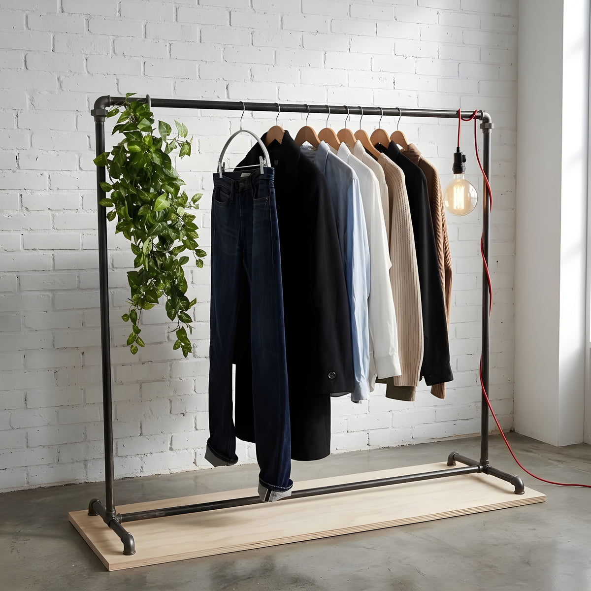 Portant à vêtements industriel en tubes de plomberie noirs dans une boutique au mur de briques blanches, avec plante suspendue et ampoule