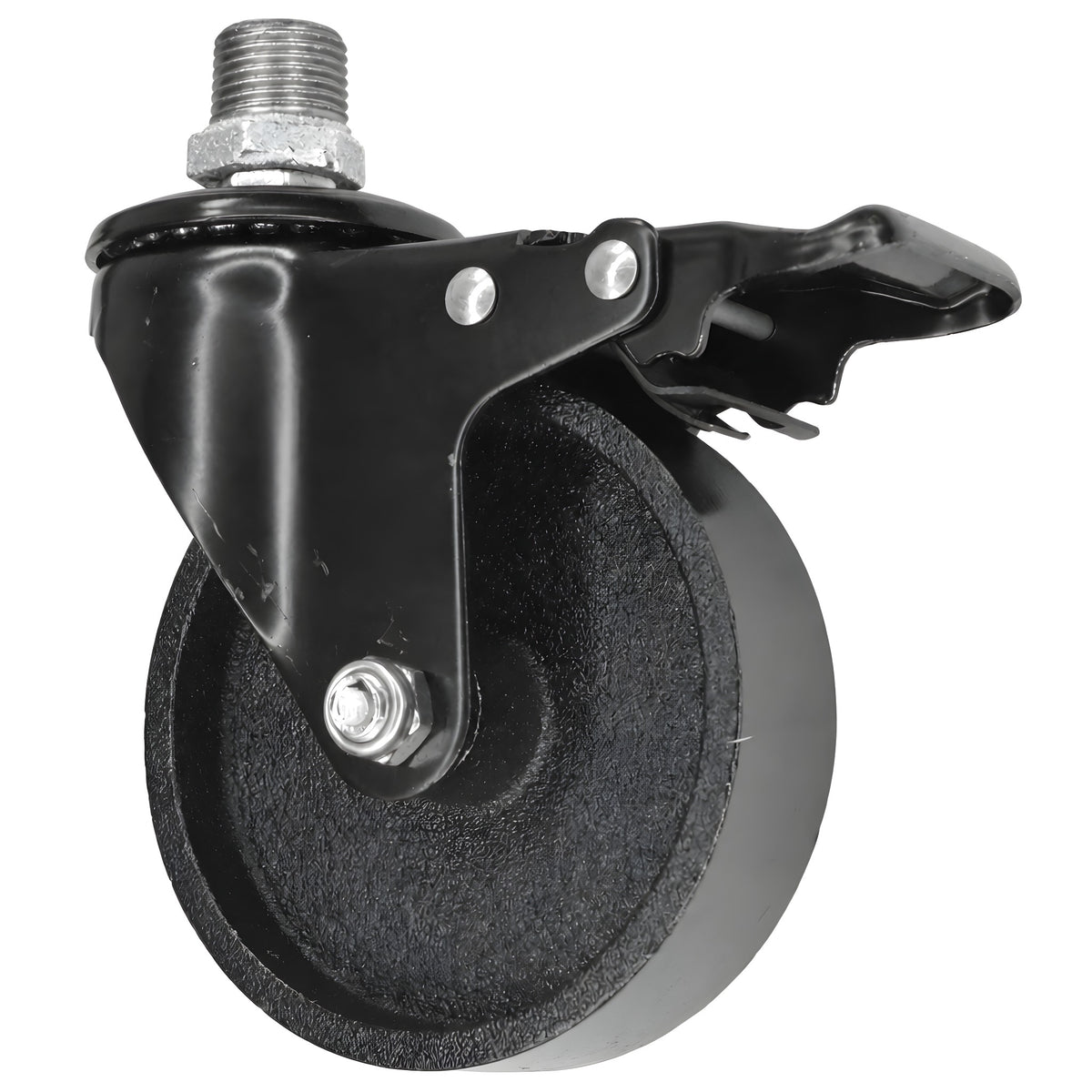 Roulette industrielle noire à frein, roue en fonte de 100 mm, filetage mâle, raccord en fonte galvanisée
