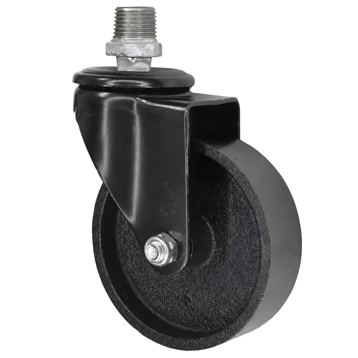 Roulette industrielle noire pivotante à roue en fonte de 100 mm, 1/2'' (15x21mm) mâle, raccord en fonte galvanisée
