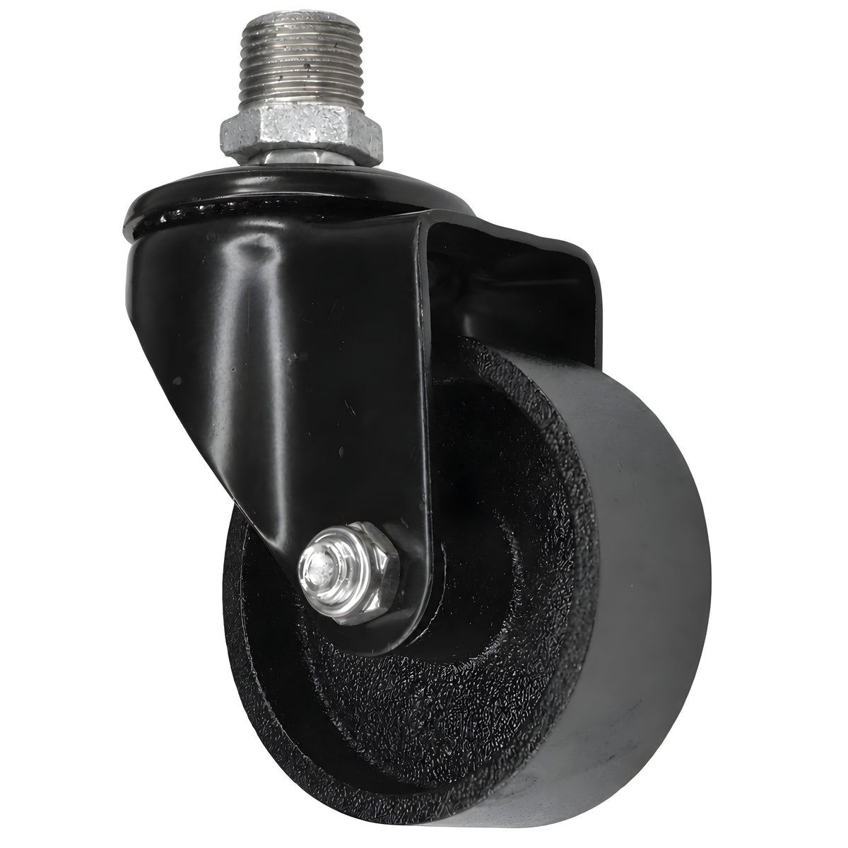 Roulette industrielle noire pivotante à roue en fonte de 75 mm, filetage mâle, raccord en fonte galvanisée