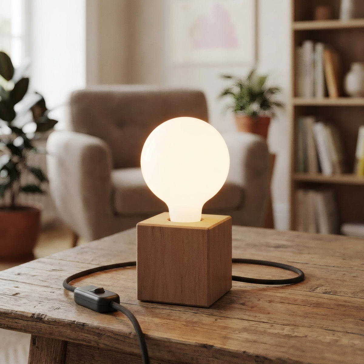 Socle de lampe cube en bois d'aulne pour douille E27