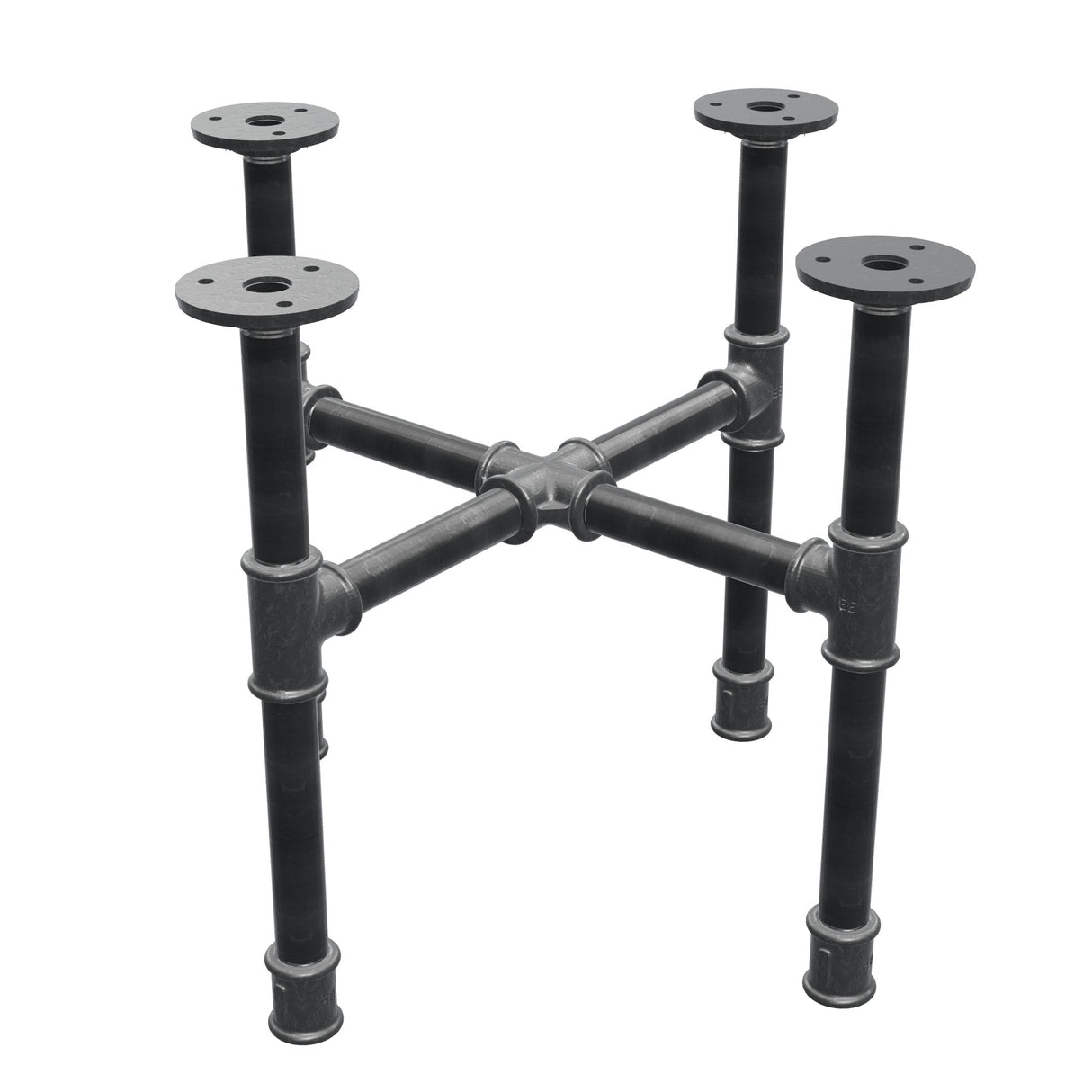 Piètement de table basse industrielle en fonte, pieds en croix, 38 × 38 cm, hauteur 32 cm, vue trois quarts