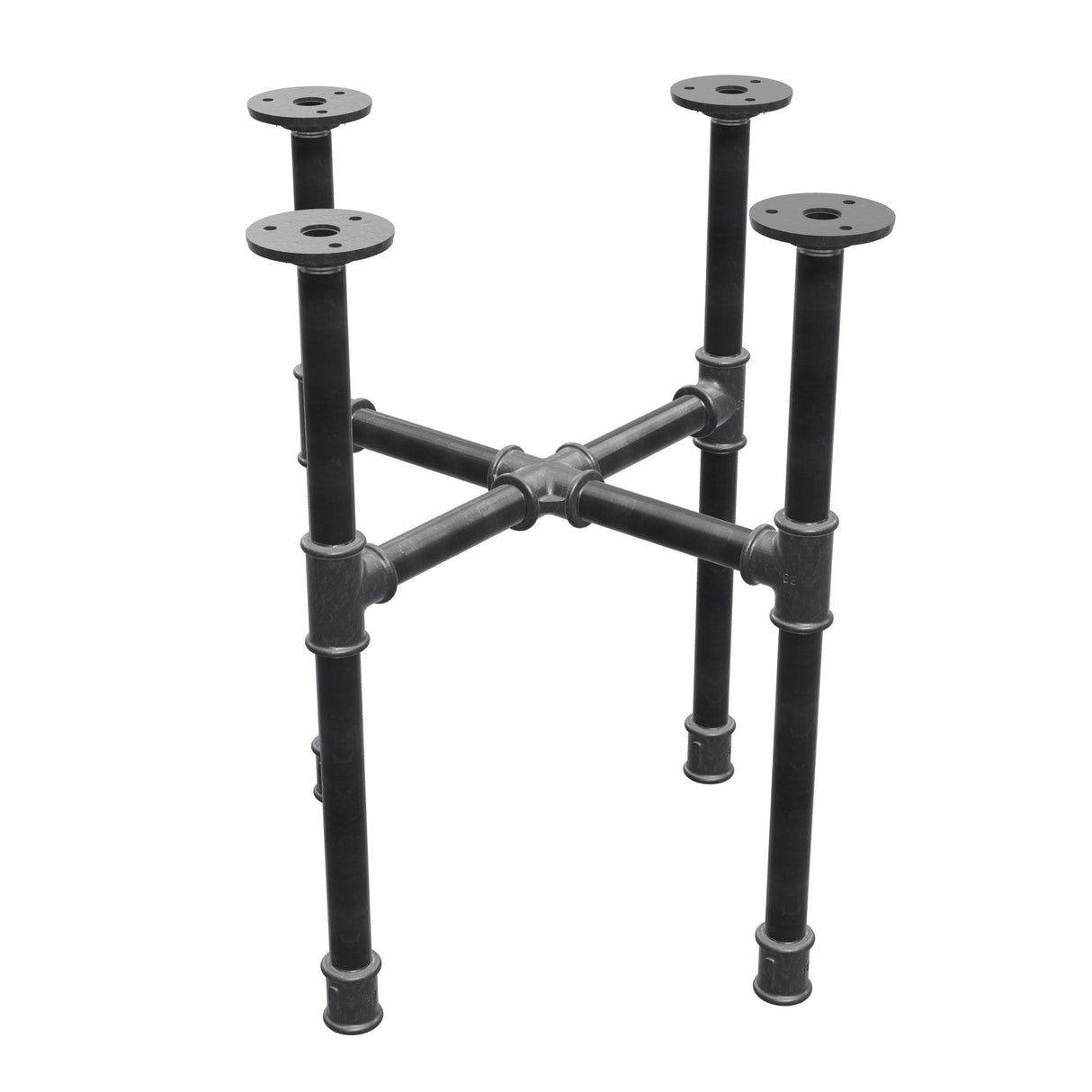 Piètement de table basse industrielle en fonte, pieds en croix, 38 × 38 cm, hauteur 42 cm, vue trois quarts