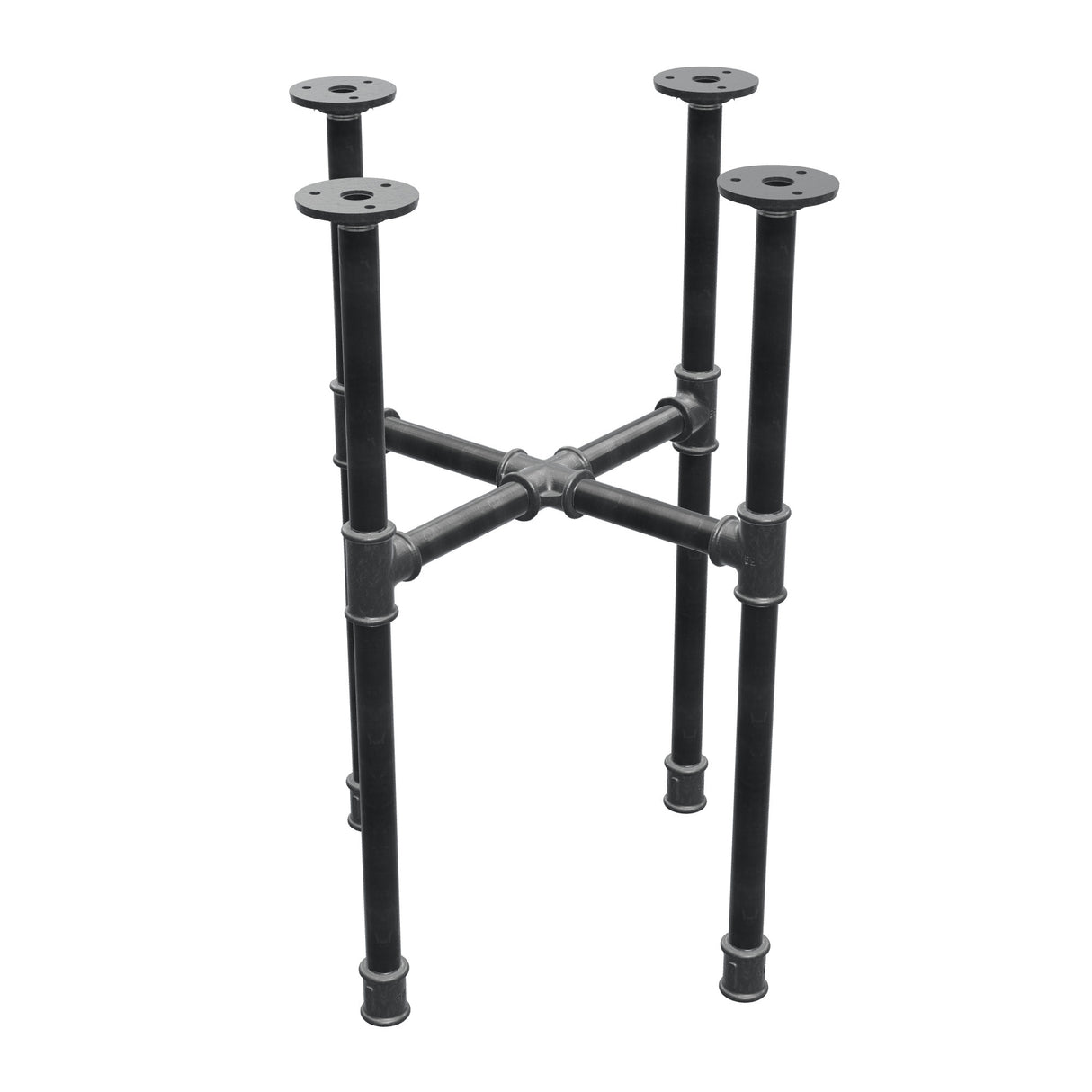 Piètement de table basse industrielle en fonte, pieds en croix, 38 × 38 cm, hauteur 52 cm, vue trois quarts