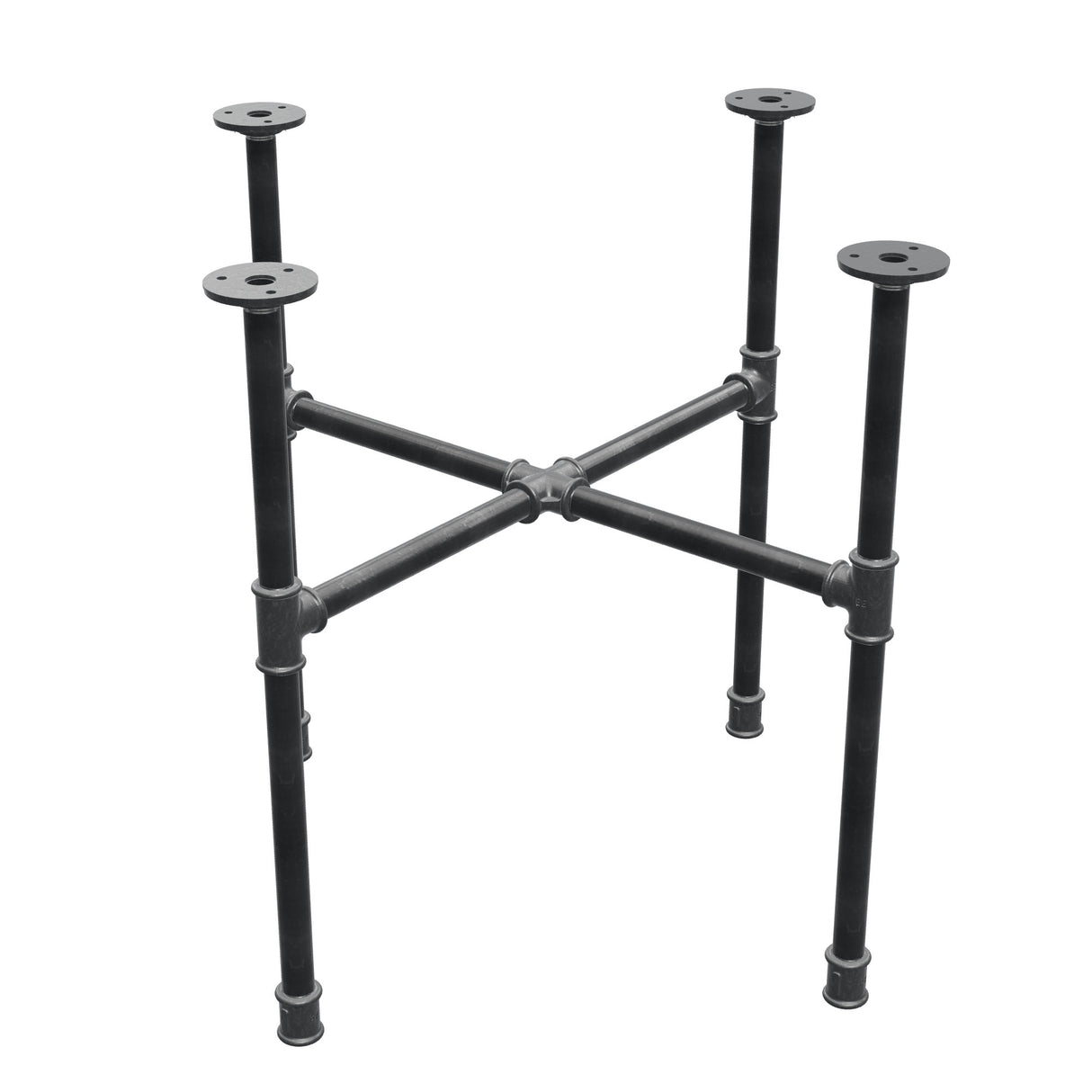 Piètement de table basse industrielle en fonte, pieds en croix, 58 × 58 cm, hauteur 52 cm, vue trois quarts