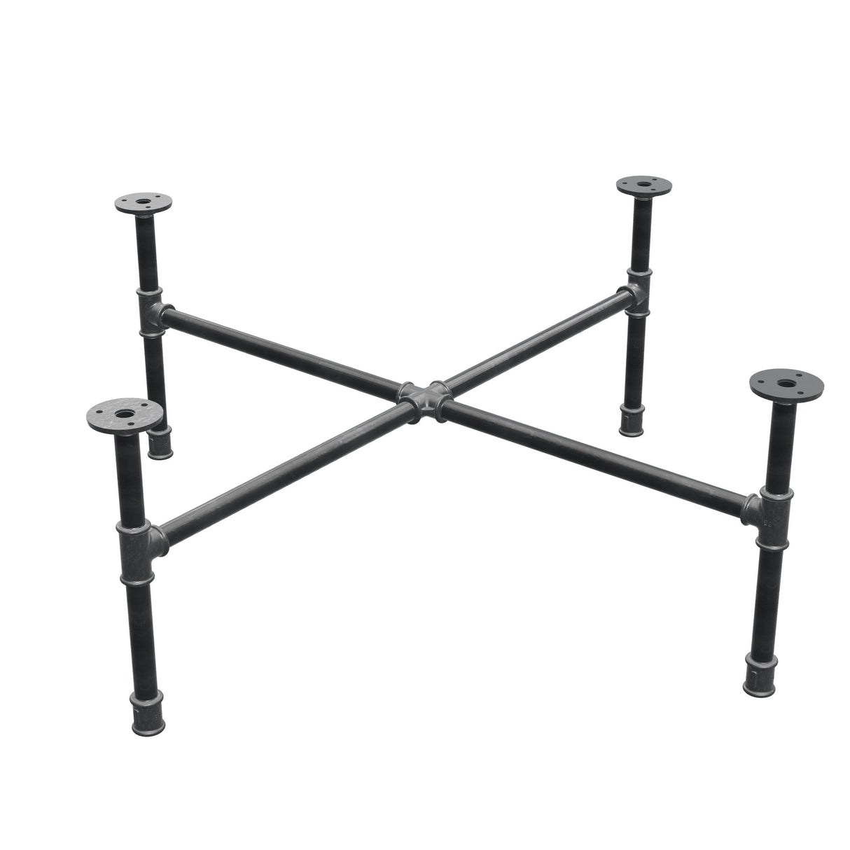 Piètement de table basse industrielle en fonte, pieds en croix, 88 × 88 cm, hauteur 32 cm, vue trois quarts