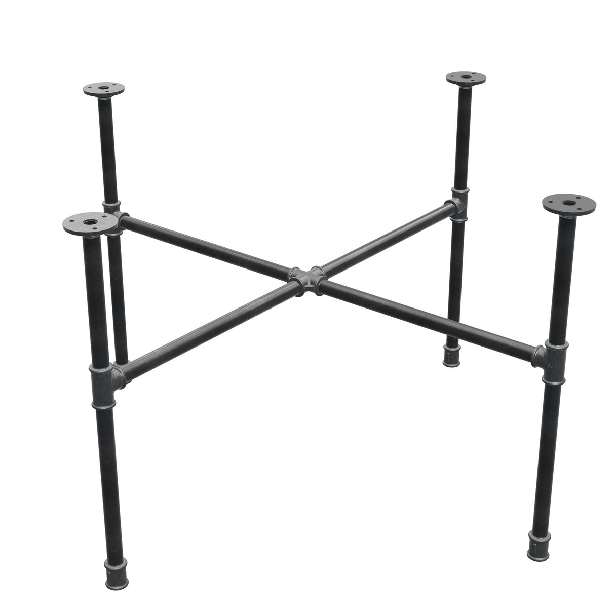 Piètement de table basse industrielle en fonte, pieds en croix, 88 × 88 cm, hauteur 52 cm, vue trois quarts