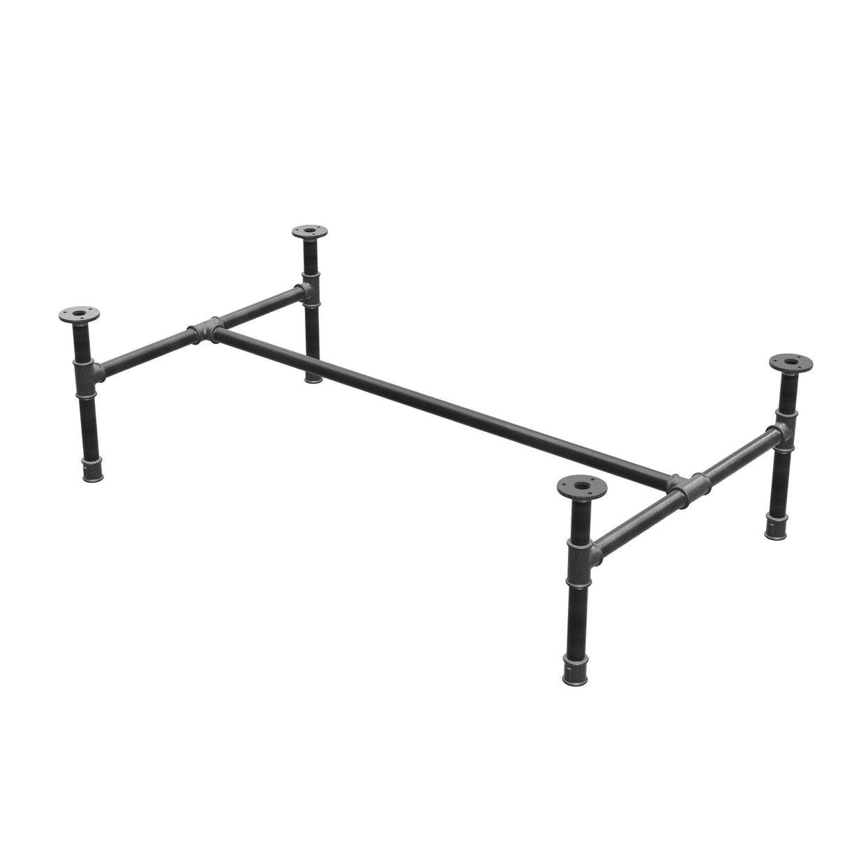 Piètement de table basse industrielle en fonte, structure en H, 111 × 65 cm, hauteur 32 cm, vue trois quarts