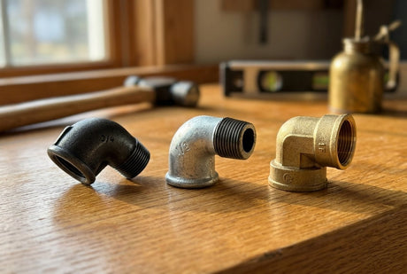 Trois coudes de plomberie comparés : fonte noire, acier galvanisé et laiton sur un établi en chêne