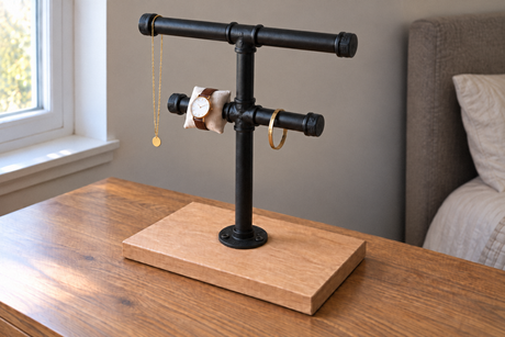 Illustration du porte-bijoux et montres à deux niveaux en raccords peints noirs sur socle bois