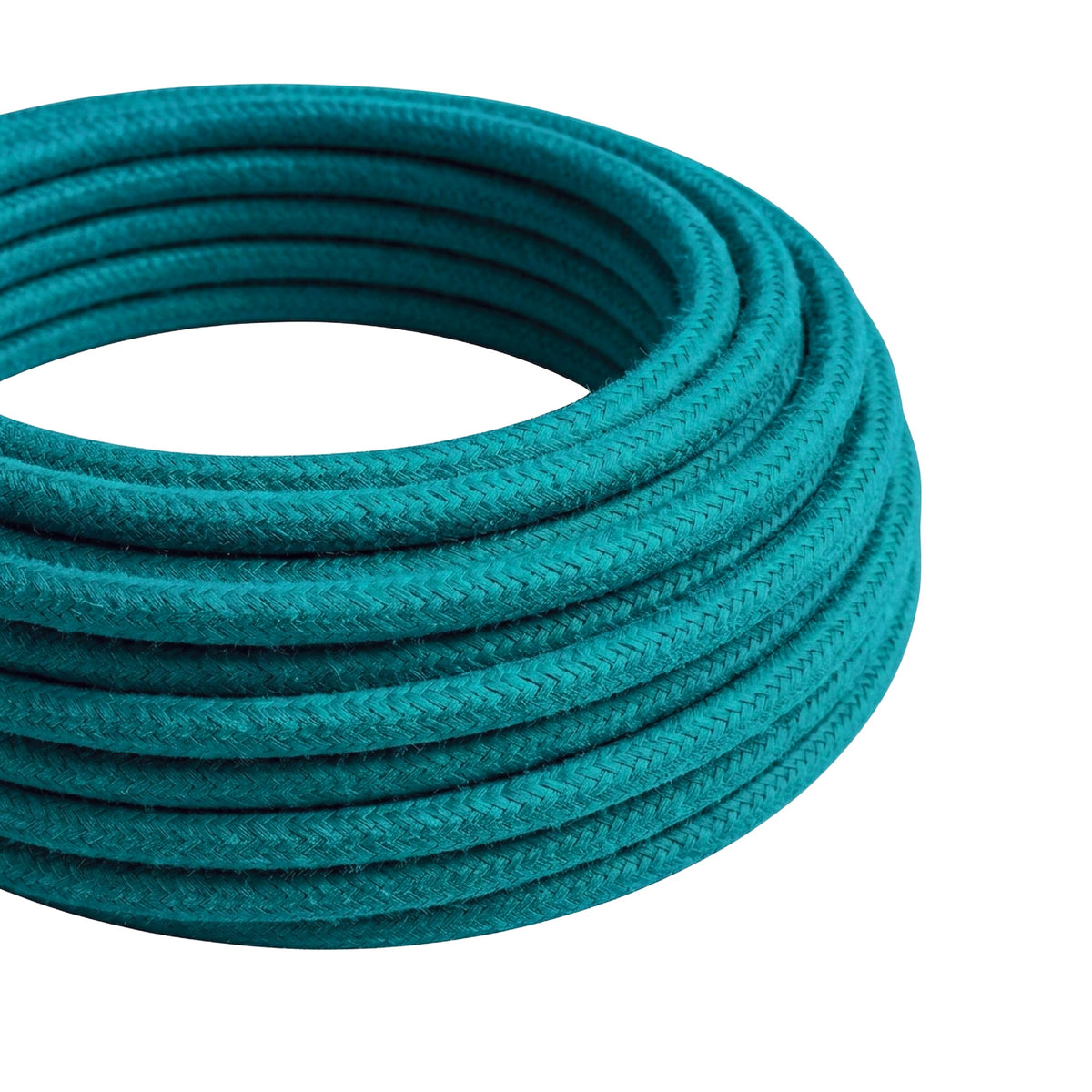 Câble textile rond en coton Céruléen – rouleau en gros plan
