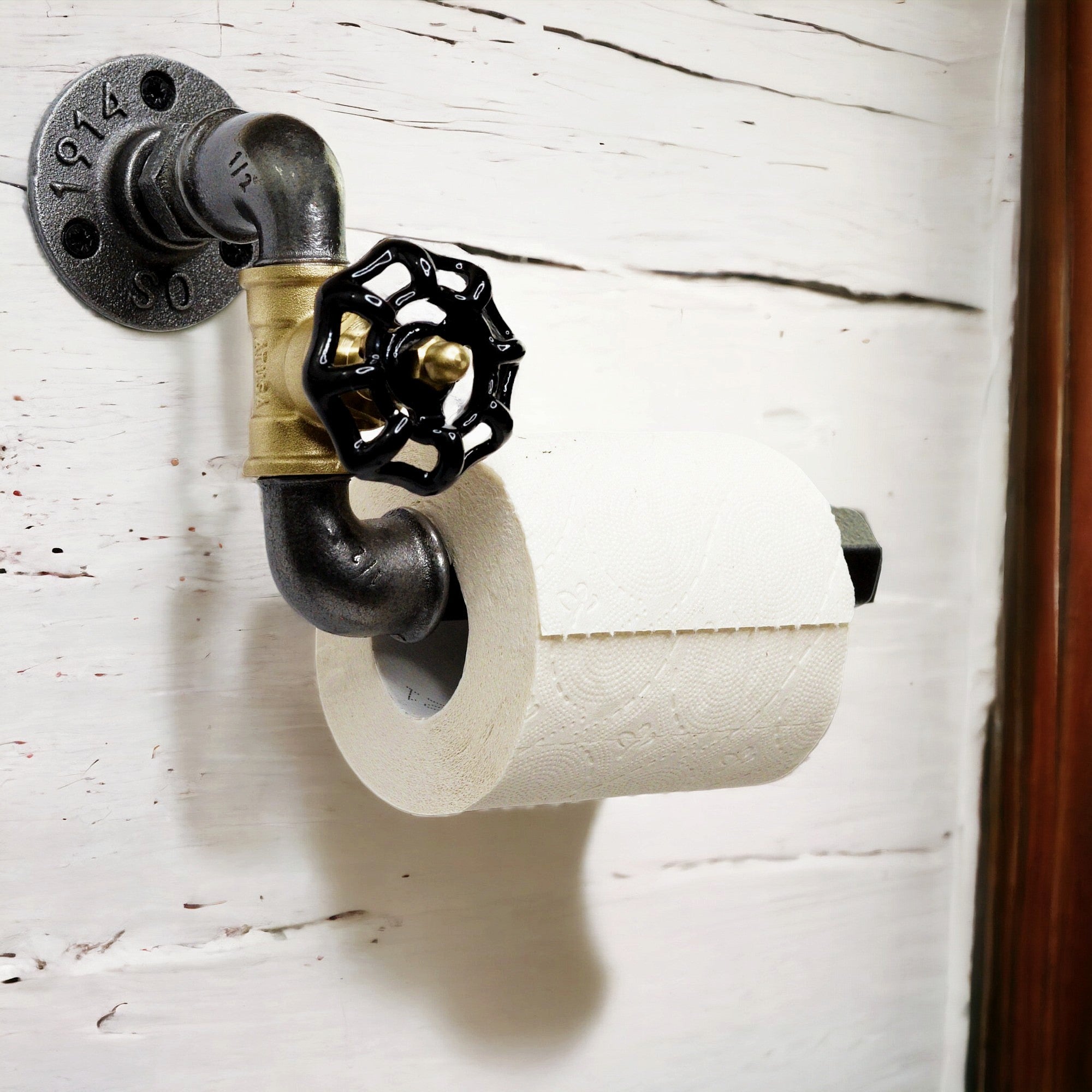 Dérouleur Papier Toilette Style Industriel - Volant de Vanne Noir