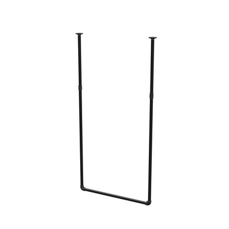 Portant à vêtements suspendu au plafond en tubes d'acier peints noir mat Ø 27 mm — largeur 76 cm, hauteur sous plafond 153 cm, vue de trois quarts sur fond blanc