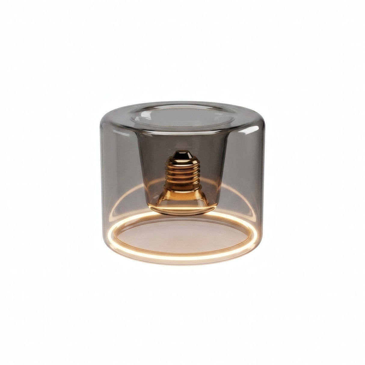 Ampoule LED donut E27 en verre fumé Ø 120 mm allumée, anneau lumineux ambré, fond blanc
