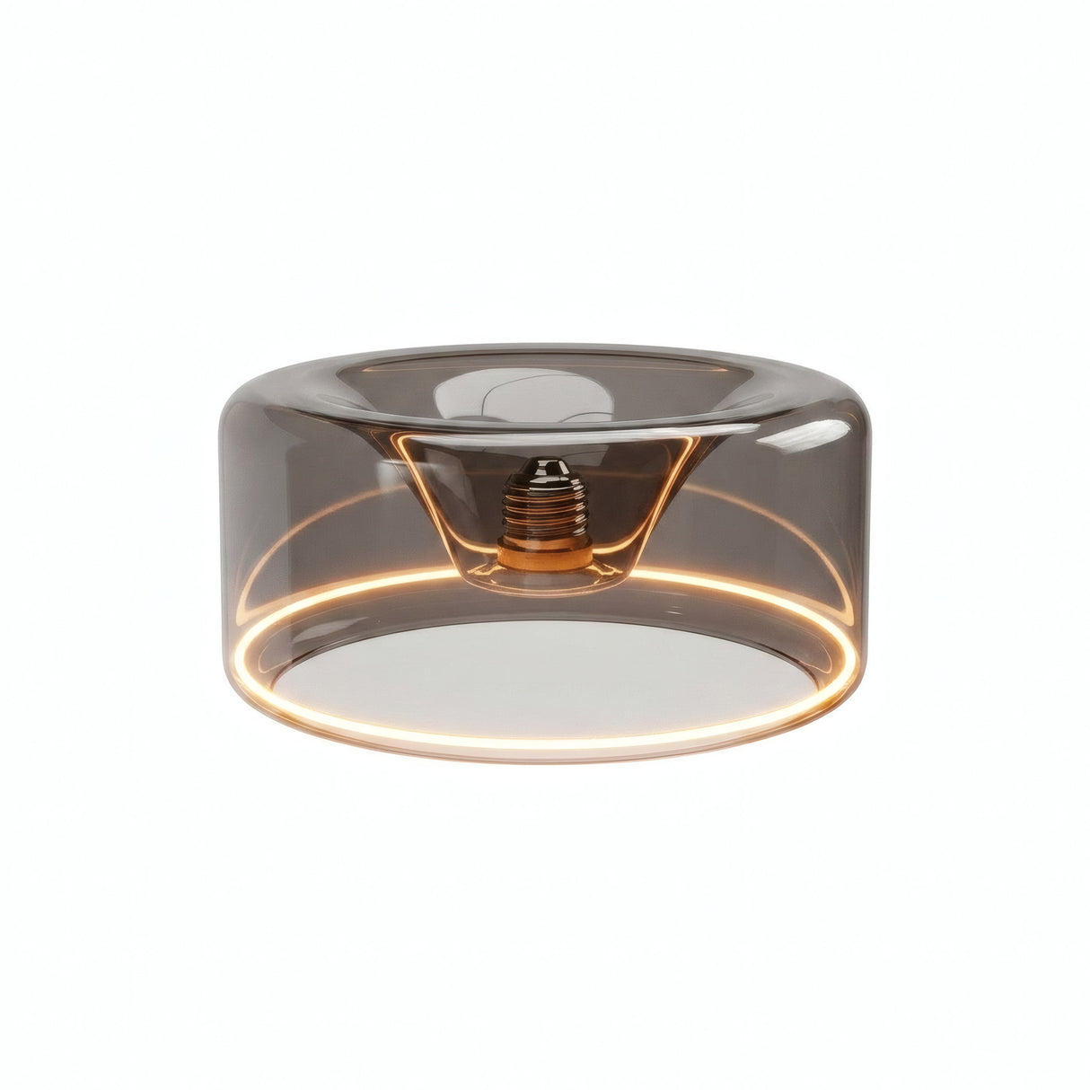 Ampoule LED donut E27 en verre fumé Ø 195 mm allumée, anneau lumineux ambré, fond blanc