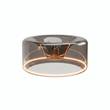 Ampoule LED donut E27 en verre fumé Ø 195 mm allumée, anneau lumineux ambré, fond blanc