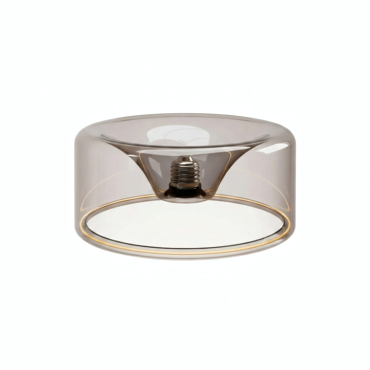 Ampoule LED donut E27 en verre fumé Ø 195 mm éteinte, culot encastré visible, fond blanc