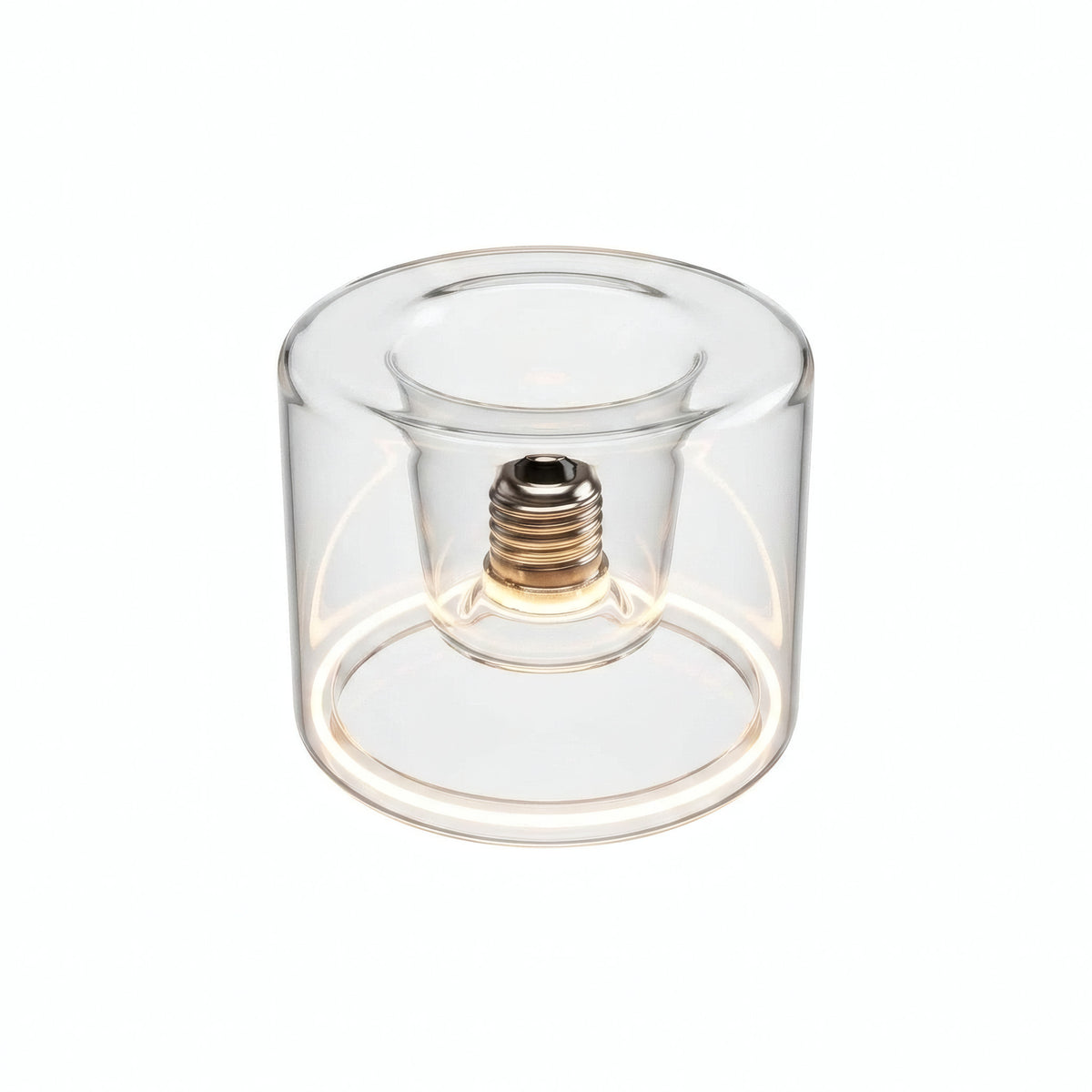 Ampoule LED donut E27 en verre transparent Ø 120 mm allumée, anneau lumineux ambré, fond blanc