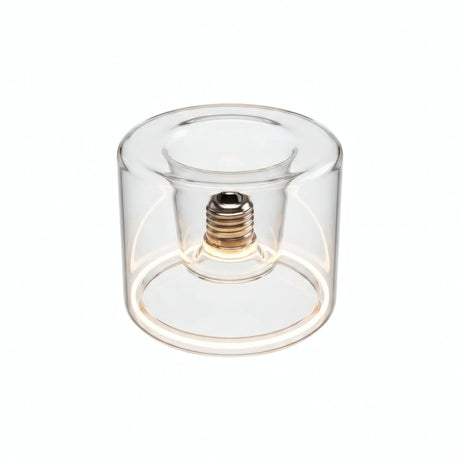 Ampoule LED donut E27 en verre transparent Ø 120 mm allumée, anneau lumineux ambré, fond blanc