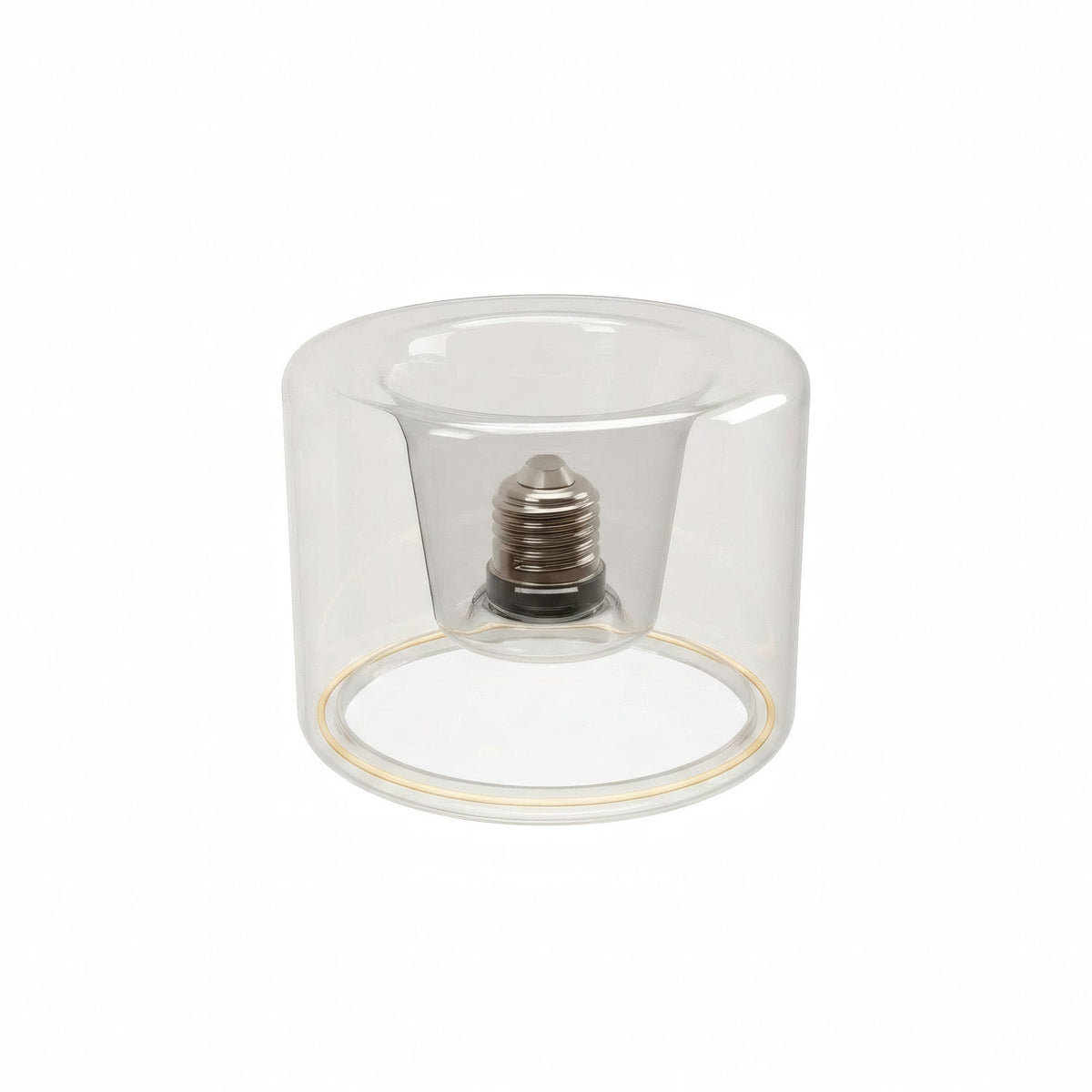 Ampoule LED donut E27 en verre transparent Ø 120 mm, vue de trois quarts, fond blanc
