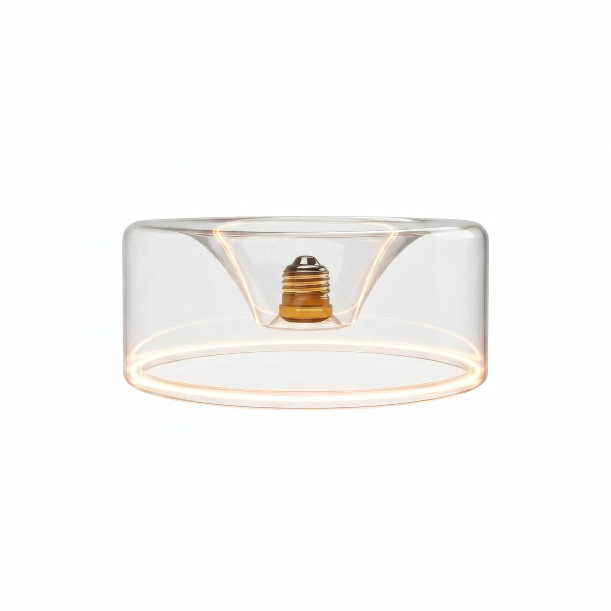 Ampoule LED donut E27 en verre transparent Ø 195 mm allumée, anneau lumineux ambré, fond blanc