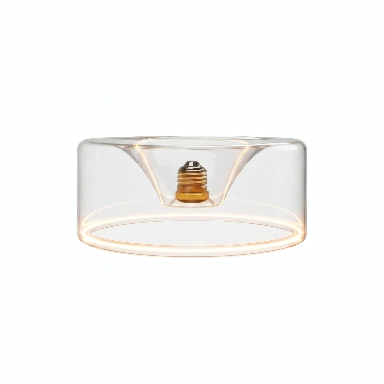 Ampoule LED donut E27 en verre transparent Ø 195 mm allumée, anneau lumineux ambré, fond blanc