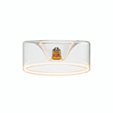 Ampoule LED donut E27 en verre transparent Ø 195 mm allumée, anneau lumineux ambré, fond blanc
